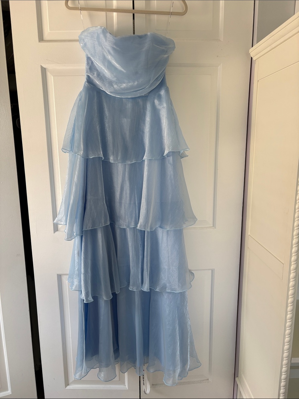 Lucy in the Sky Strapless Light Blue Tiered Midi Dress